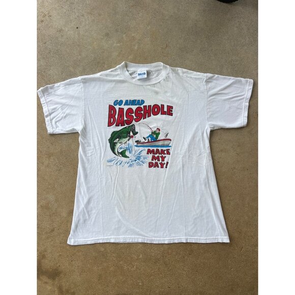 Vintage Go Ahead Basshole Graphic T-Shirt Large Tultex Fishing Humor S3 - Picture 1 of 5